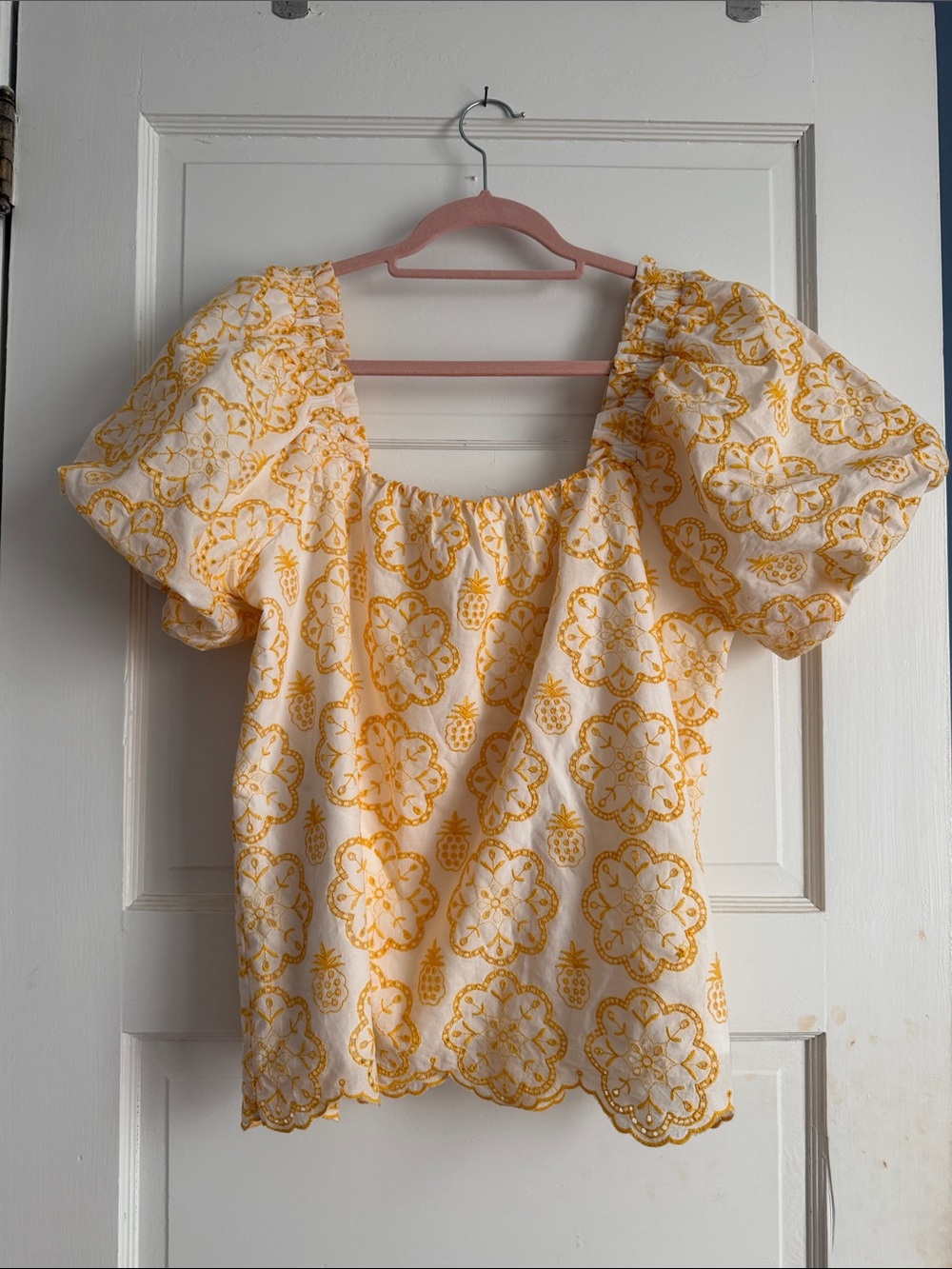 Jade White Eyelet Blouse with Yellow Floral Embroidery